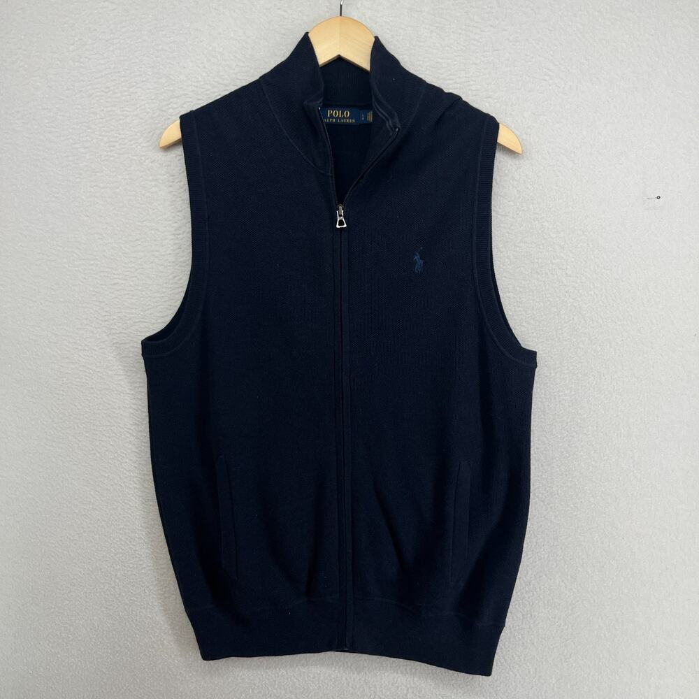 POLO RALPH LAUREN Sweater Vest Mens L Mesh Knit Cotton Full Zip Navy Blue